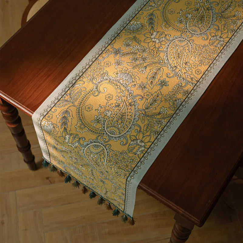 Corredor de mesa vintage estilo americano com tecido jacquard floral e borla para mesa de centro, sala de estar, decoração de casa, cauda de cama