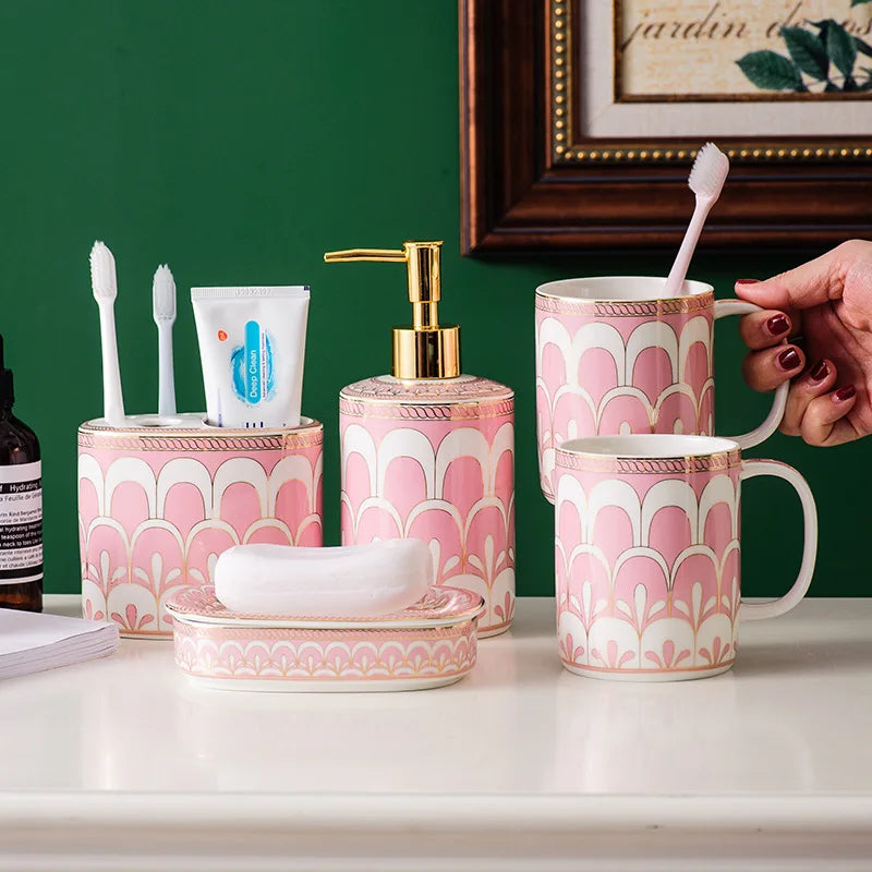 Conjunto de cinco peças de cerâmica para lavagem de banheiro, copo de enxaguatório bucal, acessórios de banheiro, dispensador de sabão, copo