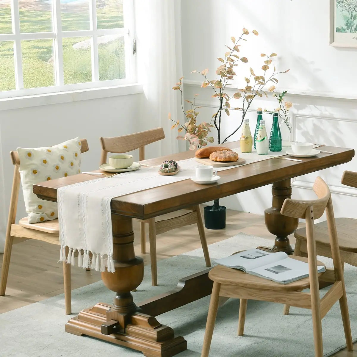 Corredor de mesa de linho, corredor de mesa rústico com borlas para jantar, cozinha, café, festa, cômoda, decoração, verde marfim