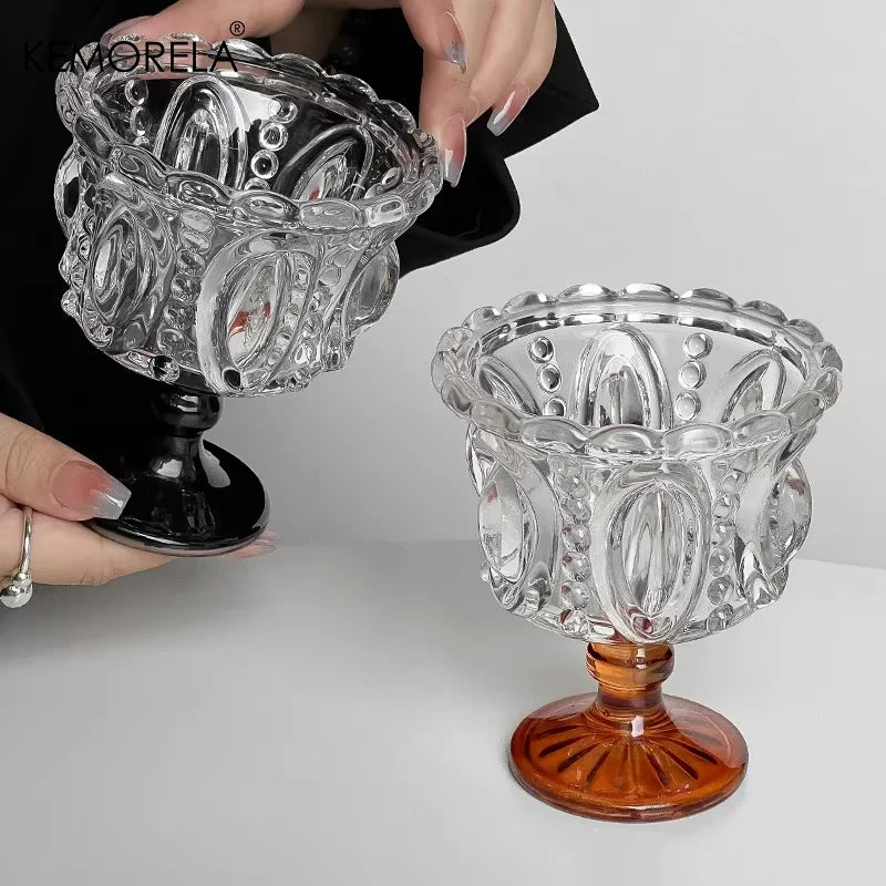 Kemorela 1/2 pçs retro em relevo copo de vidro alto canecas de uísque cristal preto casa criativa café sorvete iogurte sobremesa cálice