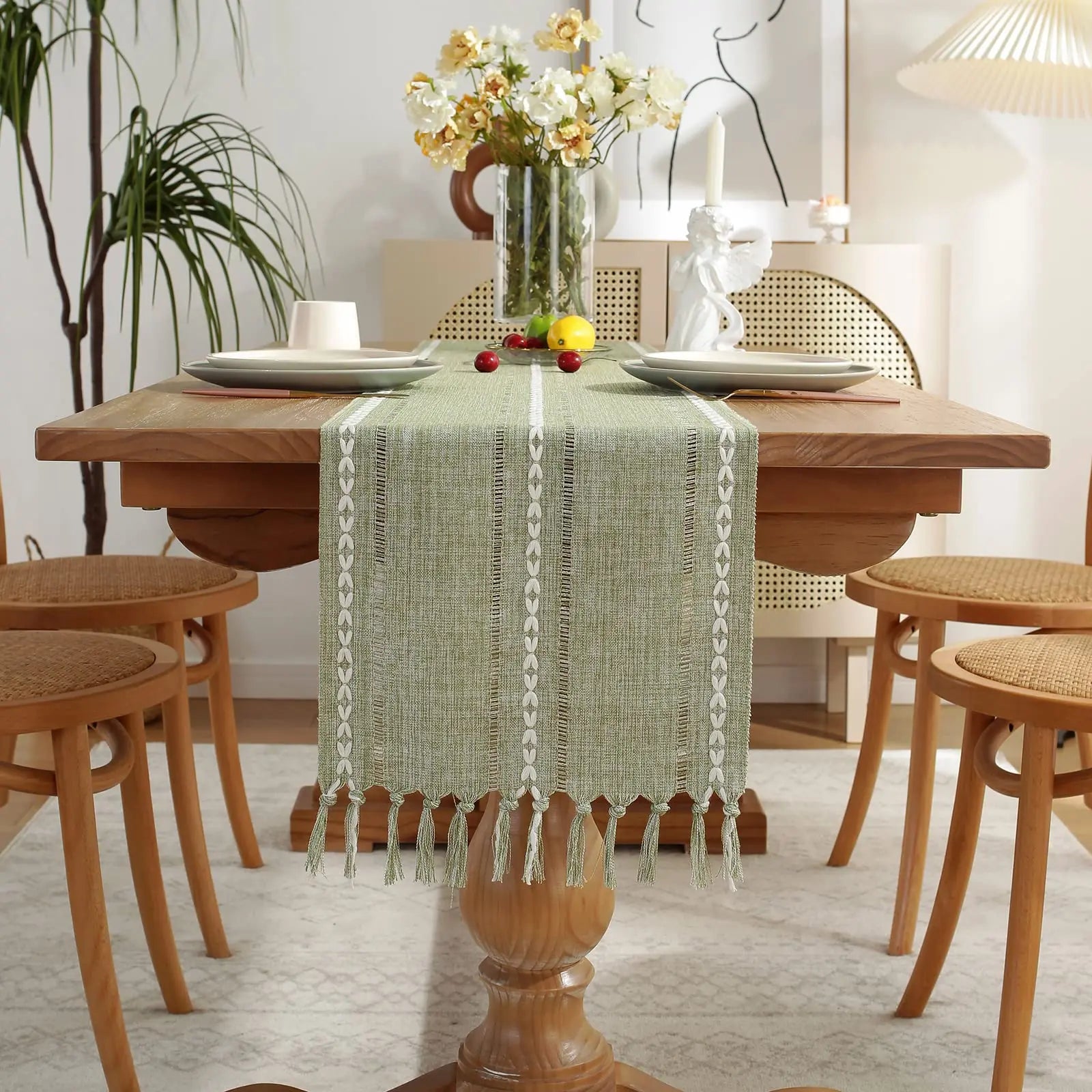 Corredor de mesa de linho, corredor de mesa rústico com borlas para jantar, cozinha, café, festa, cômoda, decoração, verde marfim