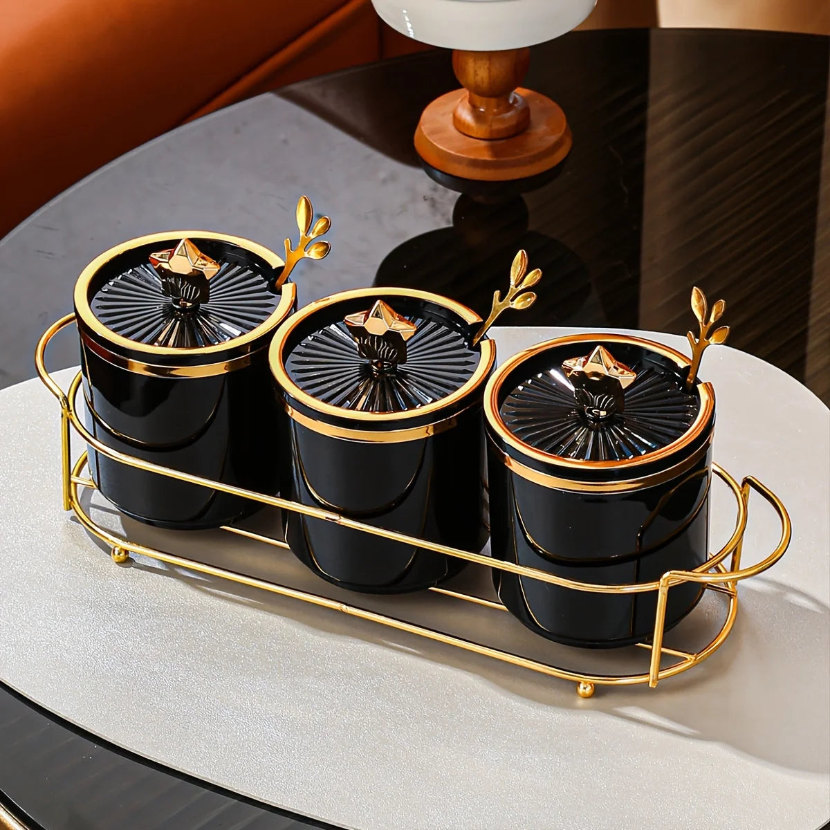 Conjunto Luxo 3 Potes de Temperos com Colher e Rack - Casa Ornato