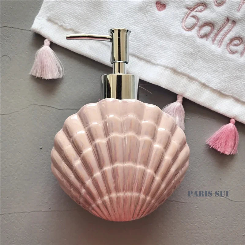 Cerâmica Shell Forma Banheiro Acessório Set, Ferramentas de lavar roupa, Garrafa Mouthwash Cup, Sabão Toothbrush Holder, Artigos domésticos