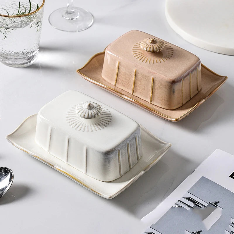 Esmalte retrô nostálgico com tampa, bandeja para lanche, utensílios de cozinha para casa, caixa de manteiga, caixa de armazenamento de queijo, prato de queijo