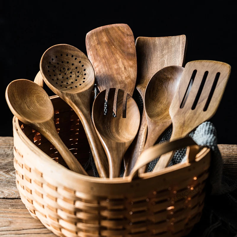 Conjunto Sofisticado de Utensílios de Cozinha em Madeira de Teca