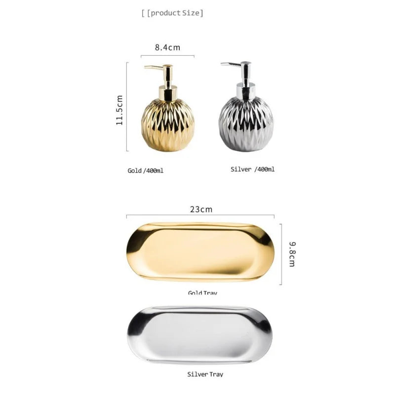 Luxo Gold Soap Dispenser com Press handle Ceramic Dispenser Silver Dispenser com aço inoxidável Bandeja Banheiro Acessório