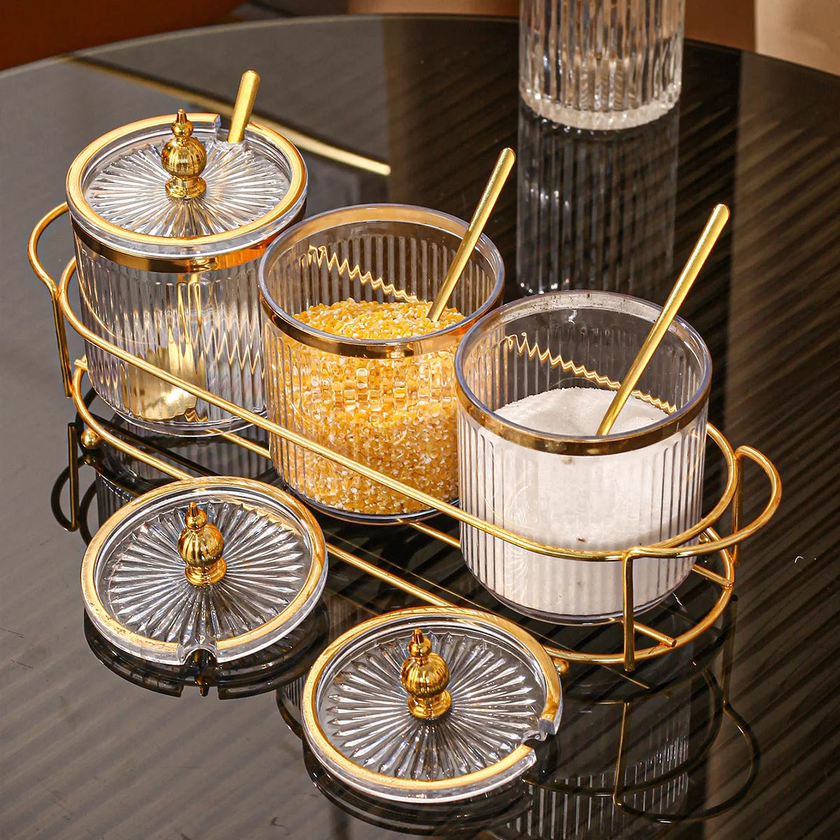 Conjunto Luxo 3 Potes de Temperos com Colher e Rack - Casa Ornato