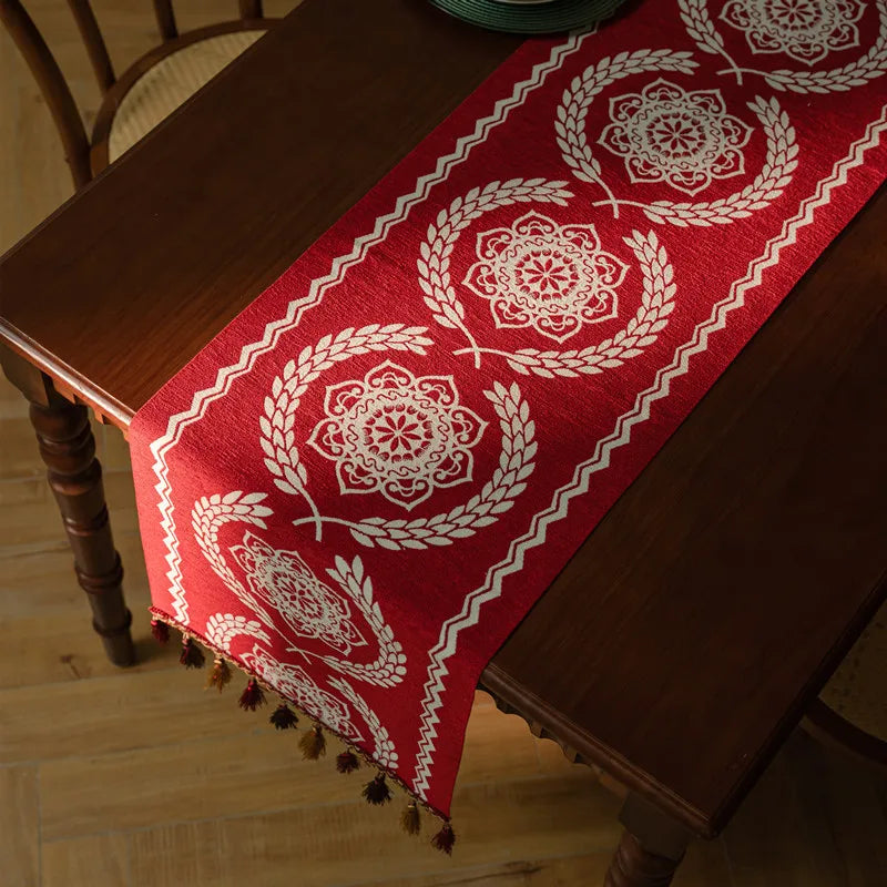 Corredor de mesa vintage estilo americano com tecido jacquard floral e borla para mesa de centro, sala de estar, decoração de casa, cauda de cama