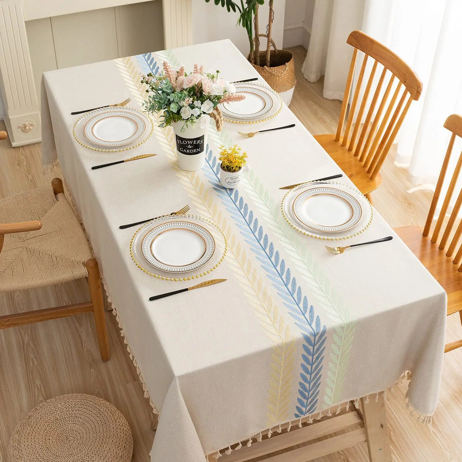 Toalhas de mesa bordadas de linho de algodão retângulo capa de mesa à prova de poeira, toalhas de mesa com padrão de flor bordada, decoração de festa