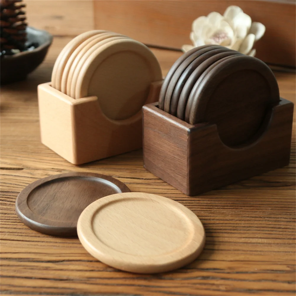 6 pçs/set porta-copos de madeira de nogueira placemats decorativos redondos isolados porta-copos de bebidas japoneses decoração de casa