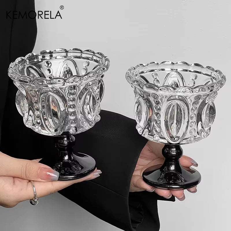 Kemorela 1/2 pçs retro em relevo copo de vidro alto canecas de uísque cristal preto casa criativa café sorvete iogurte sobremesa cálice