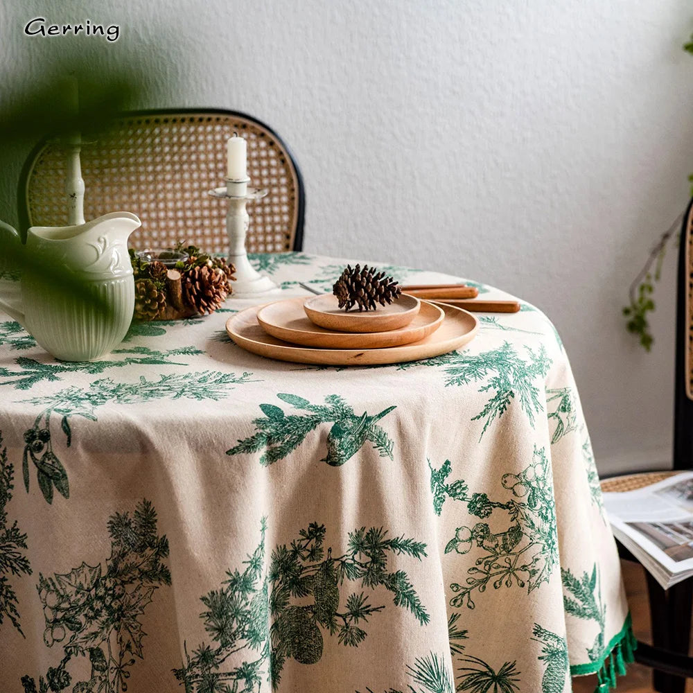 Toalhas De Mesa De Linho De Algodão Redondo, Toalha De Mesa Impressa Verde, Guardanapo Coreano, Tampa De Mesa De Café, Decoração De Casamento