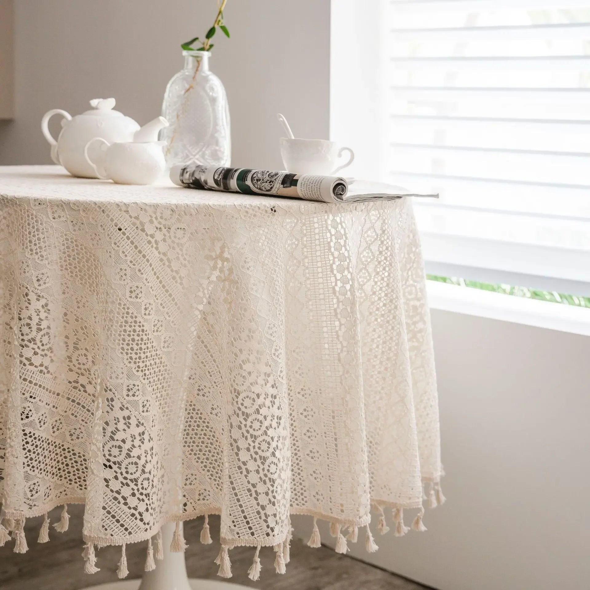 Toalha de mesa de algodão com borlas bege, fio de crochê transparente, renda translúcida para festa de casamento, cozinha, mesa de jantar decorativa