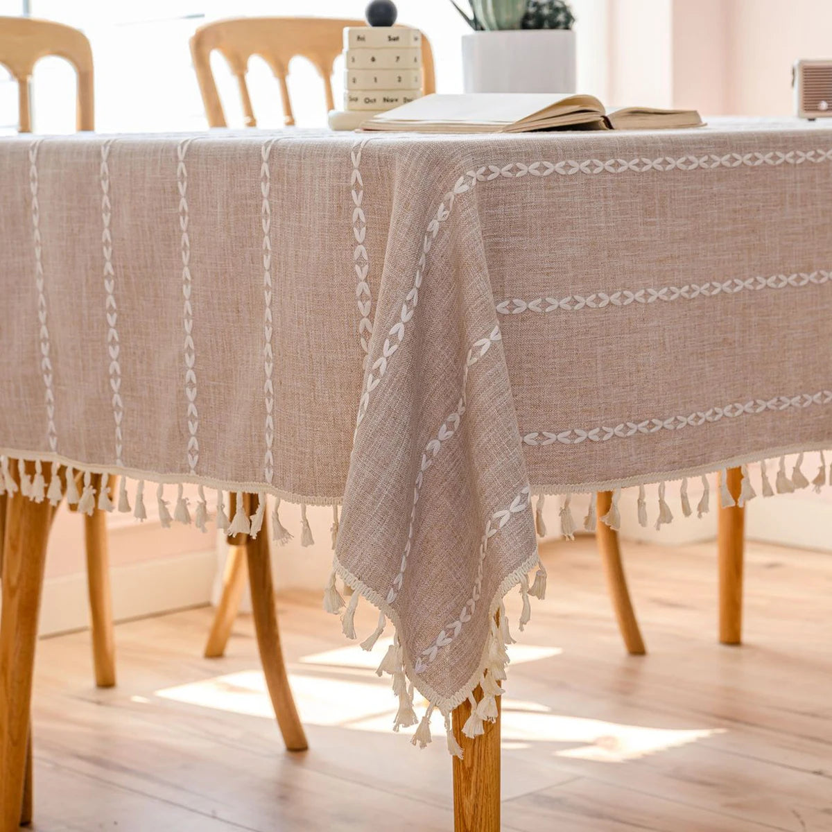 Toalha de mesa boho, algodão, linho, retângulo, lavável, resistente a rugas, para jantar, festa, capa decorativa