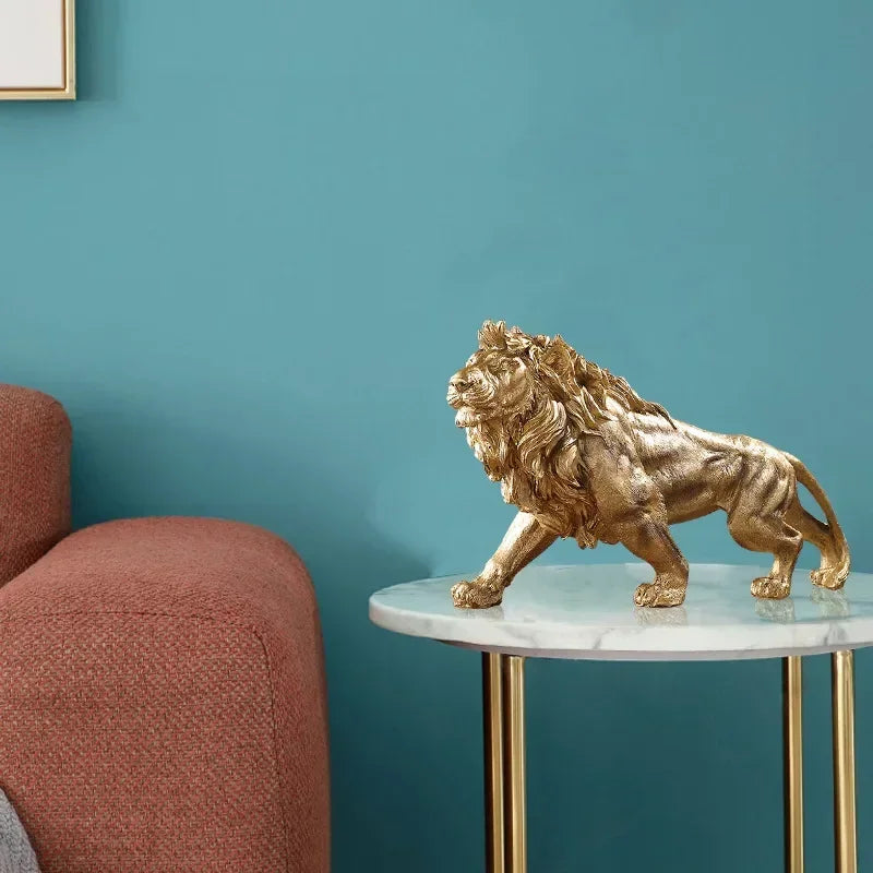Ornamento de resina do rei leão dourado, casa, escritório, estátua de animal, acessórios de decoração, sala de estar, decoração de casa