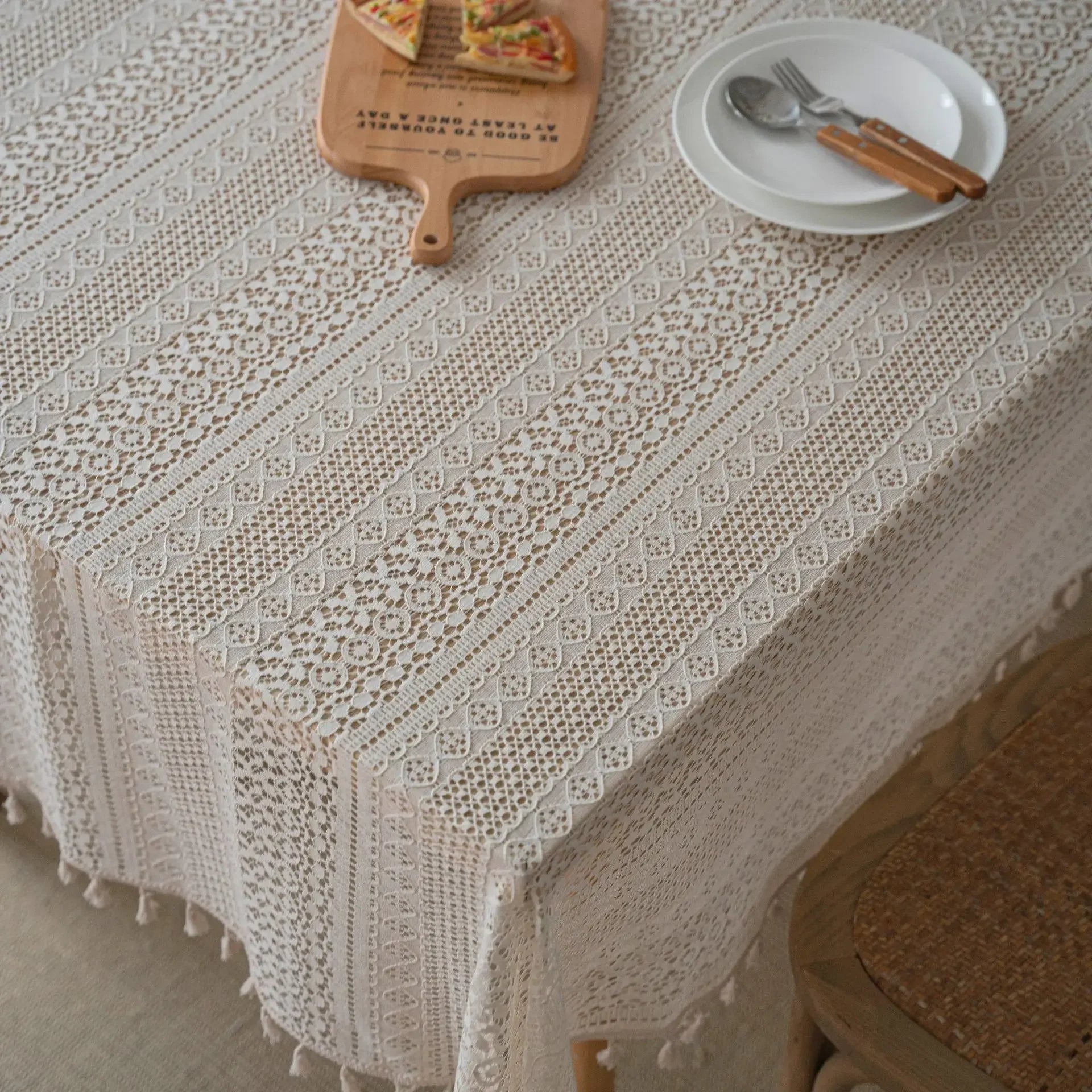 Toalha de mesa de algodão com borlas bege, fio de crochê transparente, renda translúcida para festa de casamento, cozinha, mesa de jantar decorativa