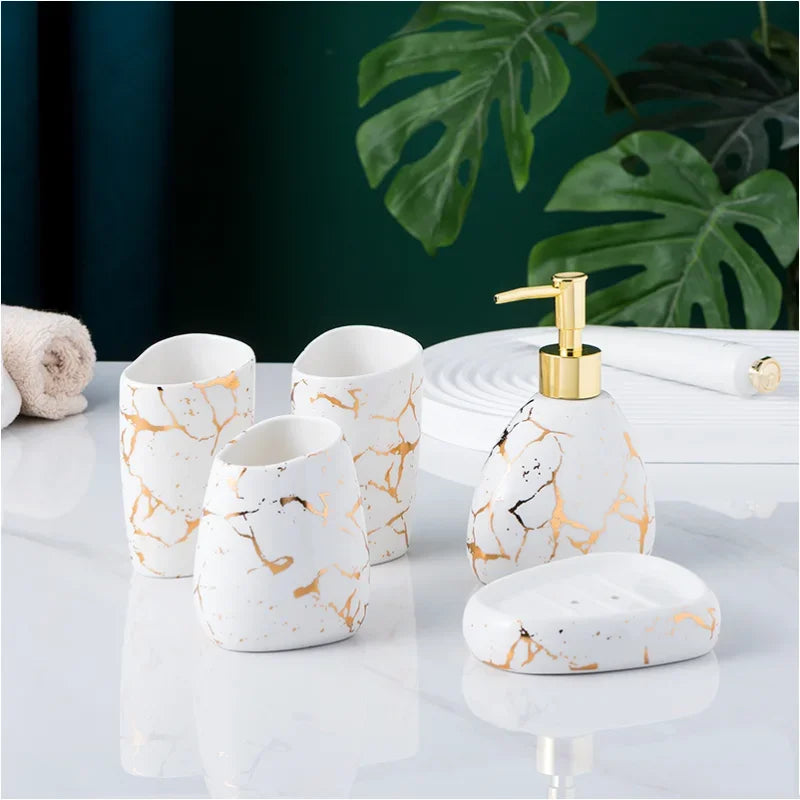 Acessórios do banheiro conjunto mármore ouro padrão cerâmica creme dental dispensador sabão caixa toothbrush titular banheiro copo loção garrafa