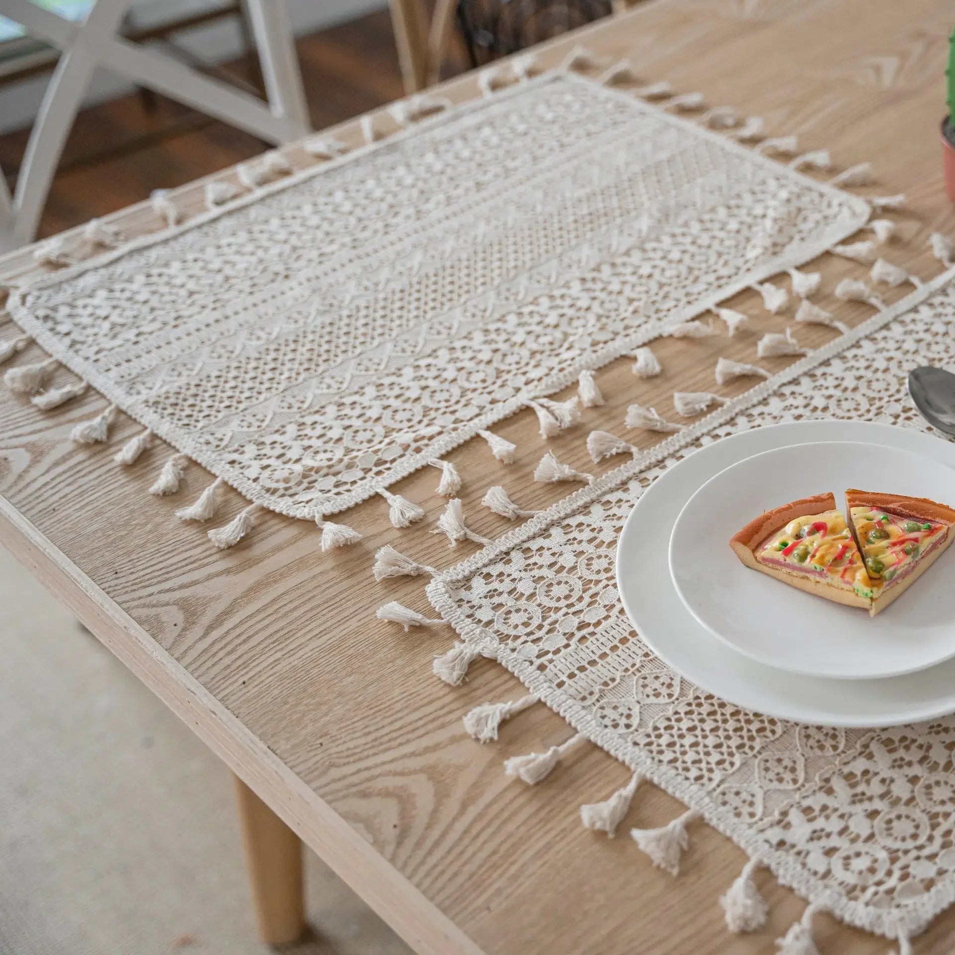 Toalha de mesa de algodão com borlas bege, fio de crochê transparente, renda translúcida para festa de casamento, cozinha, mesa de jantar decorativa