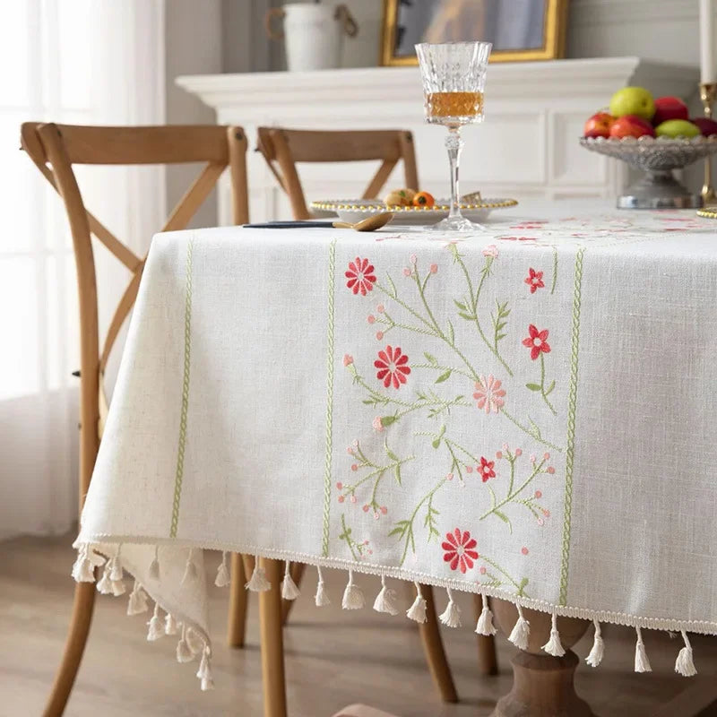 Toalhas de mesa bordadas de linho de algodão retângulo capa de mesa à prova de poeira, toalhas de mesa com padrão de flor bordada, decoração de festa