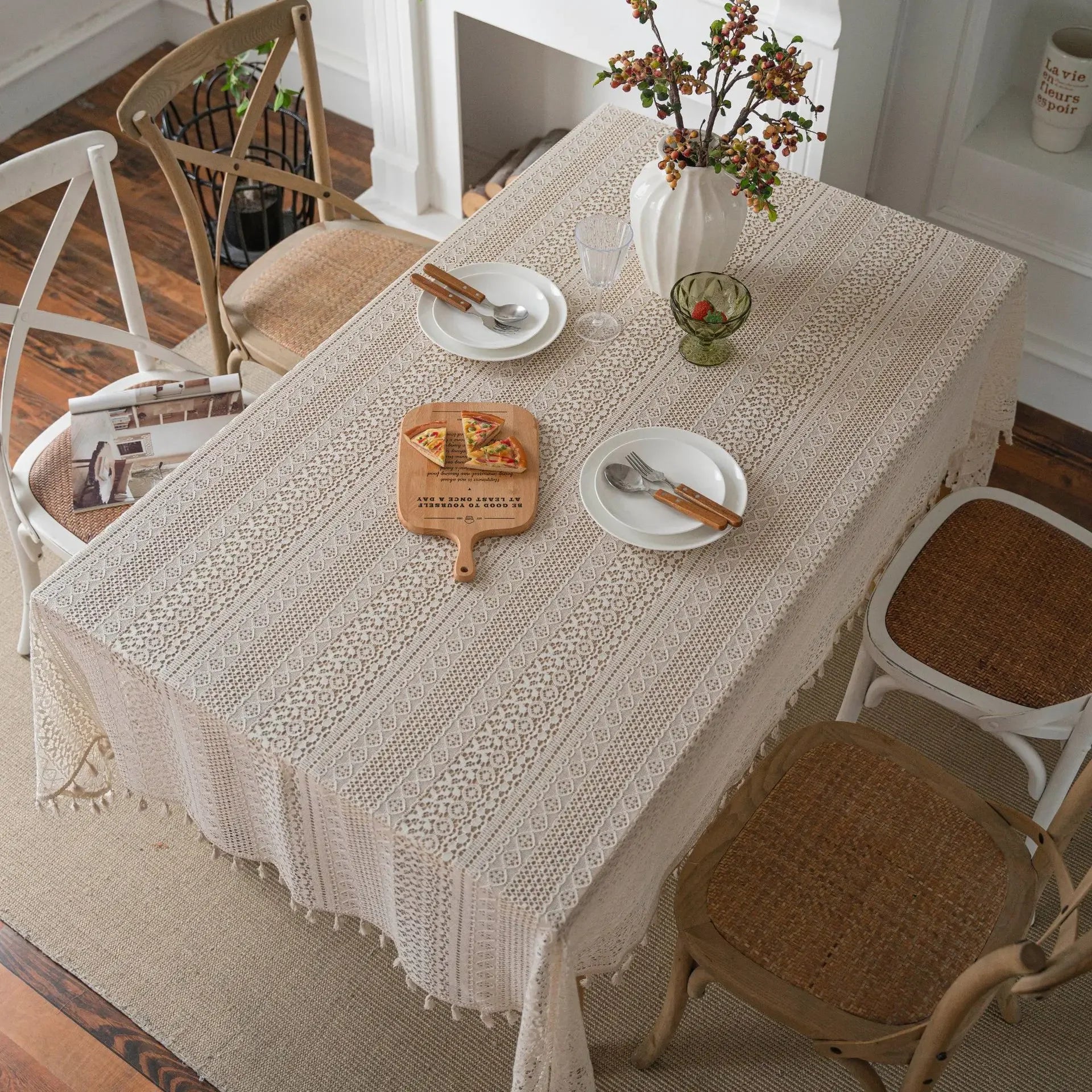 Toalha de mesa de algodão com borlas bege, fio de crochê transparente, renda translúcida para festa de casamento, cozinha, mesa de jantar decorativa
