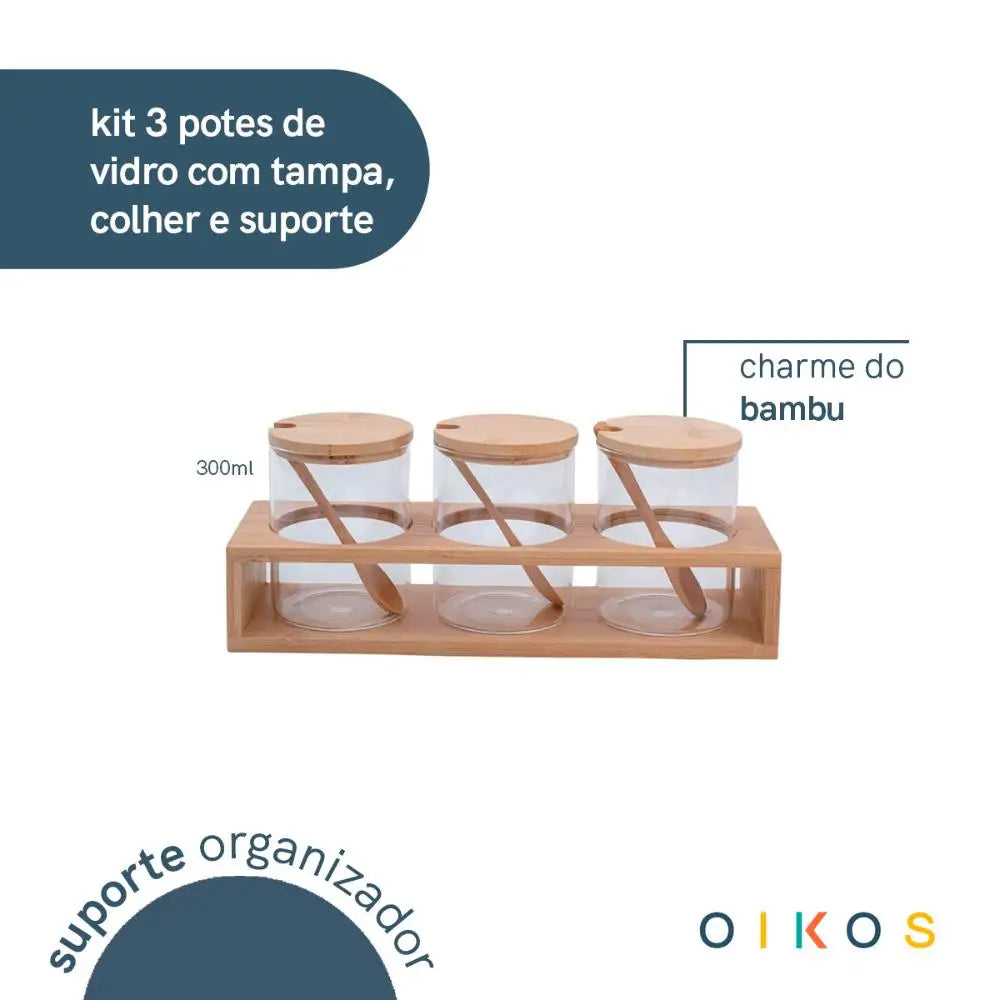 Kit 3 Potes de Vidro com Tampa e Suporte de Bambu - Casa Ornato