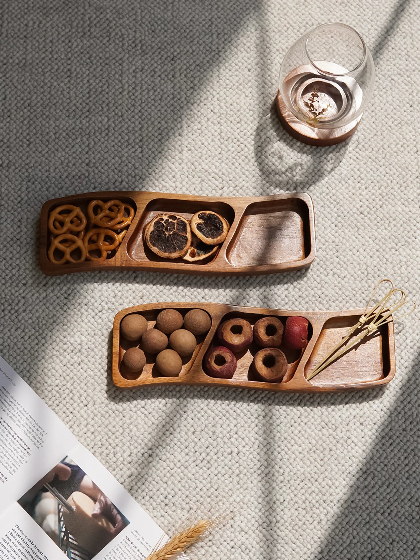 1pc de madeira três compartimentos quatro compartimentos curvo lanche placa rasa, bandeja de doces de frutas secas, tempero mergulhando placa rasa, adequado para festa de férias, jantar de família, prato de exibição de bolo de sobremesa, bandeja de biscoito de lanche de café, bandeja decorativa