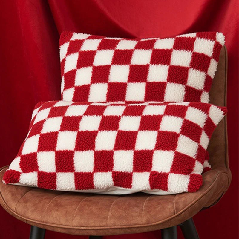 Capa de almofada de lã de pele sintética preta, capa de almofada verificada para sofá, sala de estar, poliéster, travesseiro lombar, decoração de casa