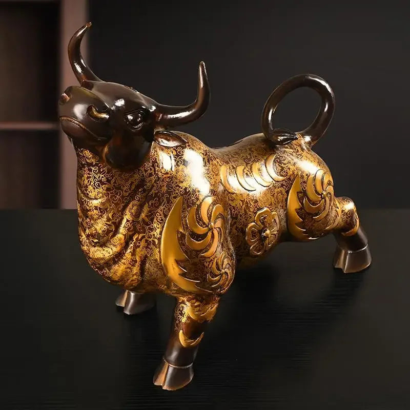 Feng Shui Ornamento de vaca animal de cobre de alta qualidade pintado decoração de mesa para escritório doméstico