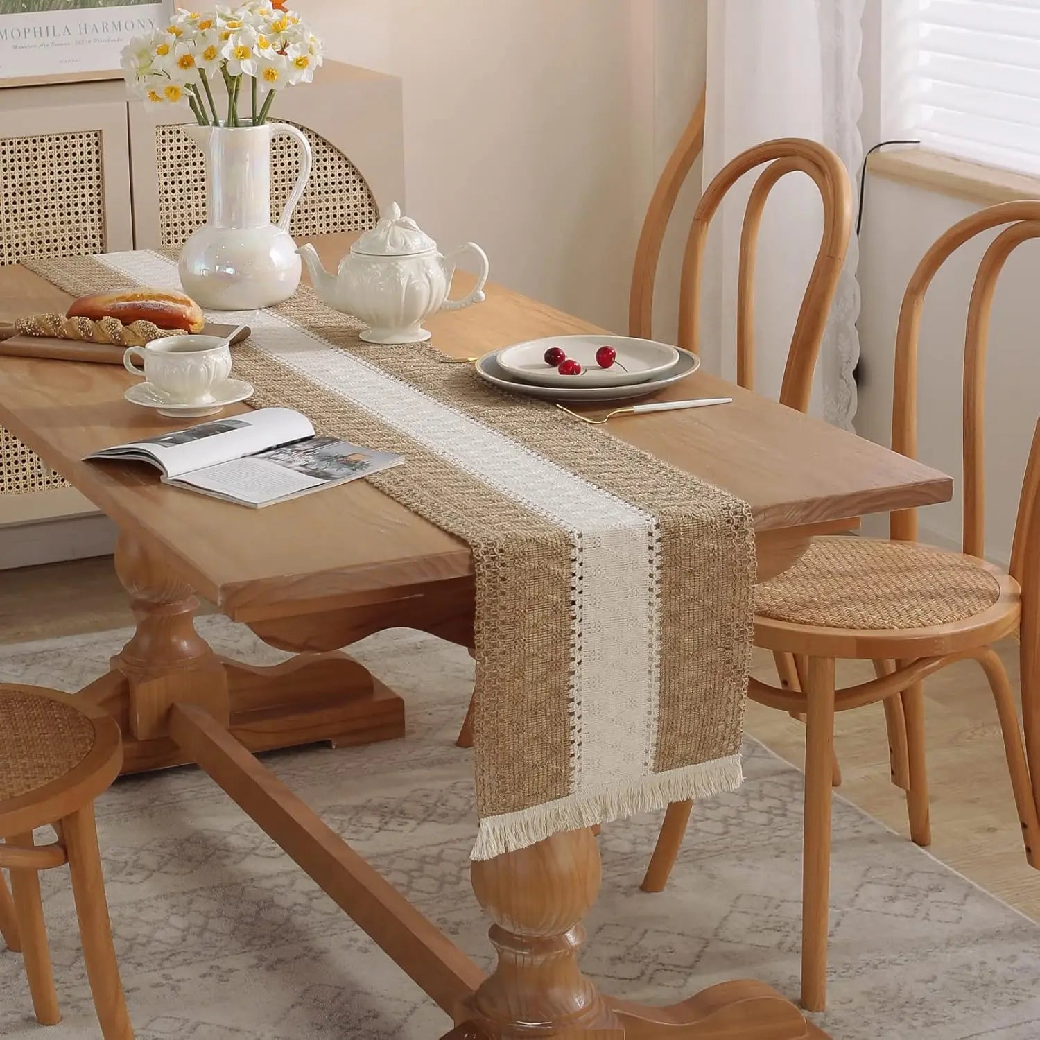 Corredor De Mesa Boho Para Decoração De Casa, Coleção Farmhouse Stripe Table Runner, 72 Polegadas Corredor De Mesa Longa Para Festa De Casamento E Feriado