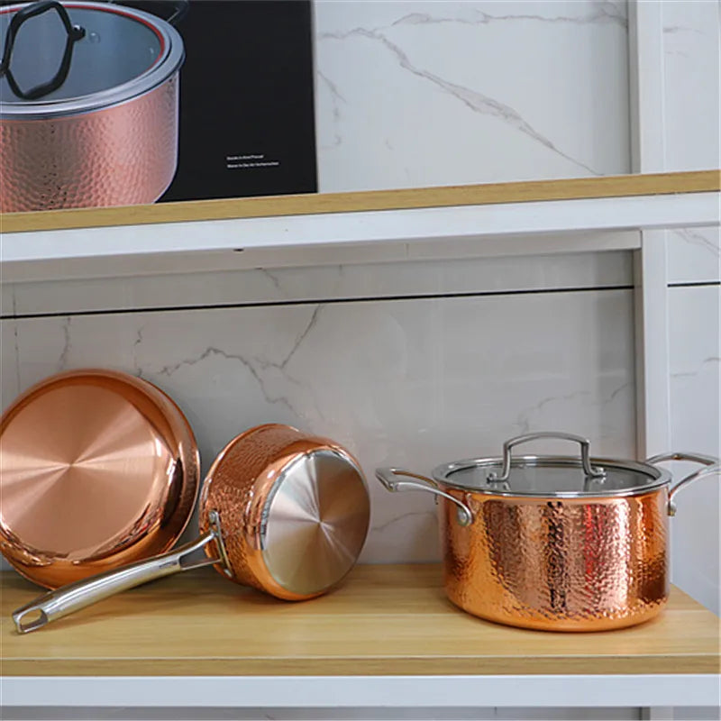 Conjunto de Panelas Marteladas em Cobre e Aço Inoxidável - Casa Ornato