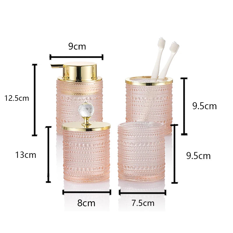 Conjunto de acessórios de banheiro de vidro rosa pérola ponto luz luxo tipo imprensa dispensador de espuma garrafa gargarejo copo armazenamento jar 4 peças conjunto