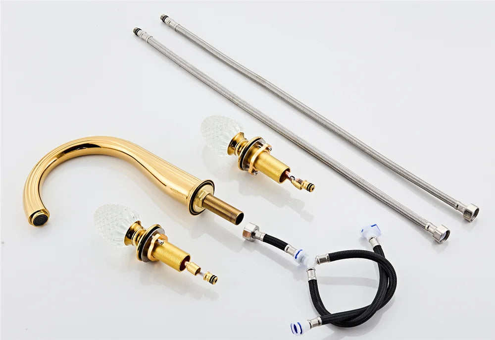 Ouro torneira do banheiro generalizada alça de cristal torneira da bacia lavabo luxo misturador da bacia quente e fria torneira da pia do chuveiro