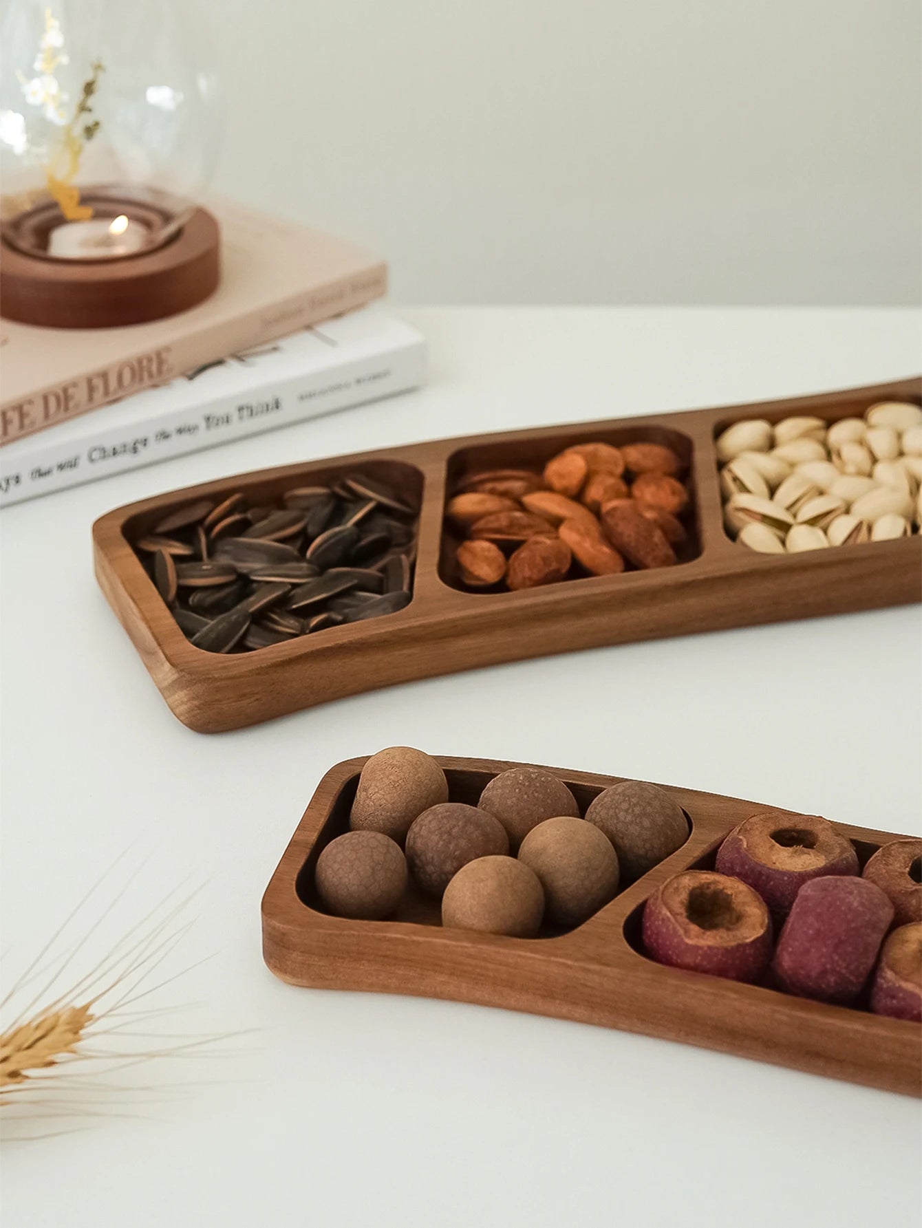 1pc de madeira três compartimentos quatro compartimentos curvo lanche placa rasa, bandeja de doces de frutas secas, tempero mergulhando placa rasa, adequado para festa de férias, jantar de família, prato de exibição de bolo de sobremesa, bandeja de biscoito de lanche de café, bandeja decorativa