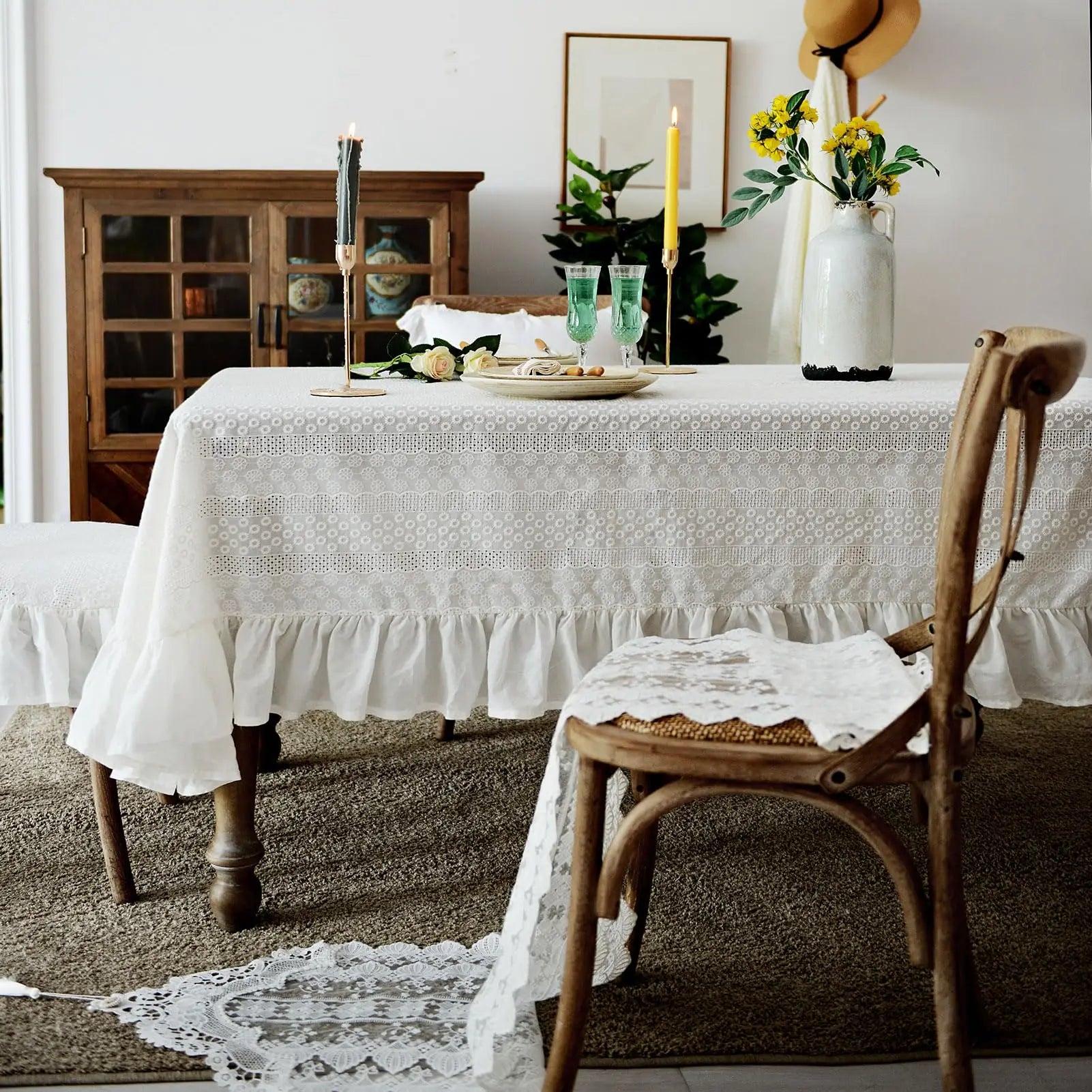 Toalha de mesa de algodão branco francês, renda bordada com babados, toalha de mesa rústica para casa, festa de feriado, natal