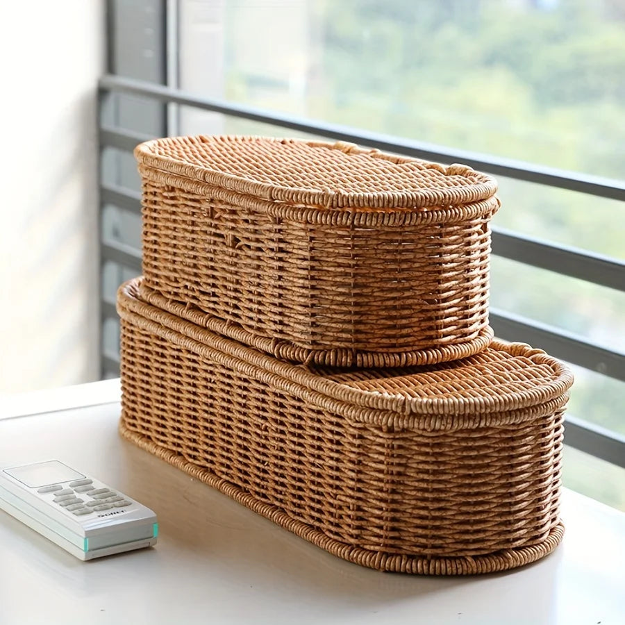Cesta de armazenamento de imitação de rattan boêmio-caixa de armazenamento tecida, estrutura de talheres à prova de poeira, cesta de decoração para casa organizador de cozinha