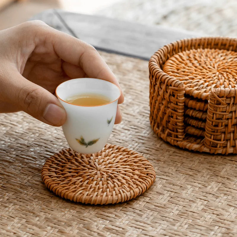 Rodada Rattan Drink Coasters Set para Kungfu Chá, Talheres Placemat, Dish Mat, almofada redonda, Weave Cup Mat, diâmetro de 8cm, 6Pcs