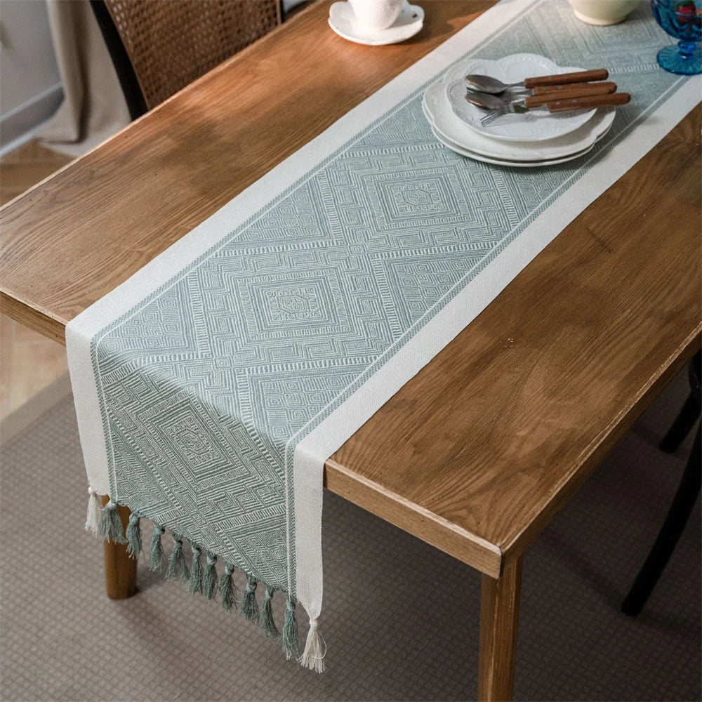 Corredor de mesa verde nórdico jacquard geométrico bandeira de mesa franja chá país toalha de mesa corredores para mesa de jantar capa decoração