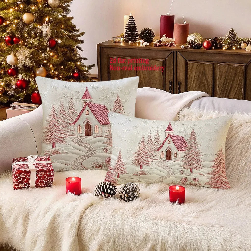 Fronhas com padrão de casa de árvore de Natal: decoração festiva impressa plana 2D para noites aconchegantes capa de almofada de sofá, decoração de casa