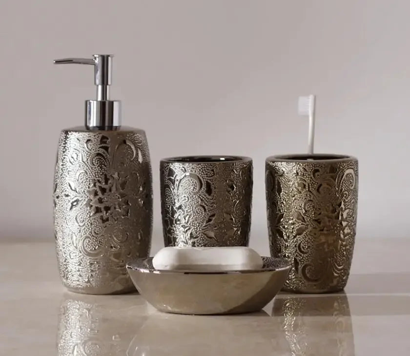 Retro prata cerâmica banheiro kit de lavagem hotel bucal copo nordic casa acessórios do banheiro conjunto presente casamento dispensador sabão