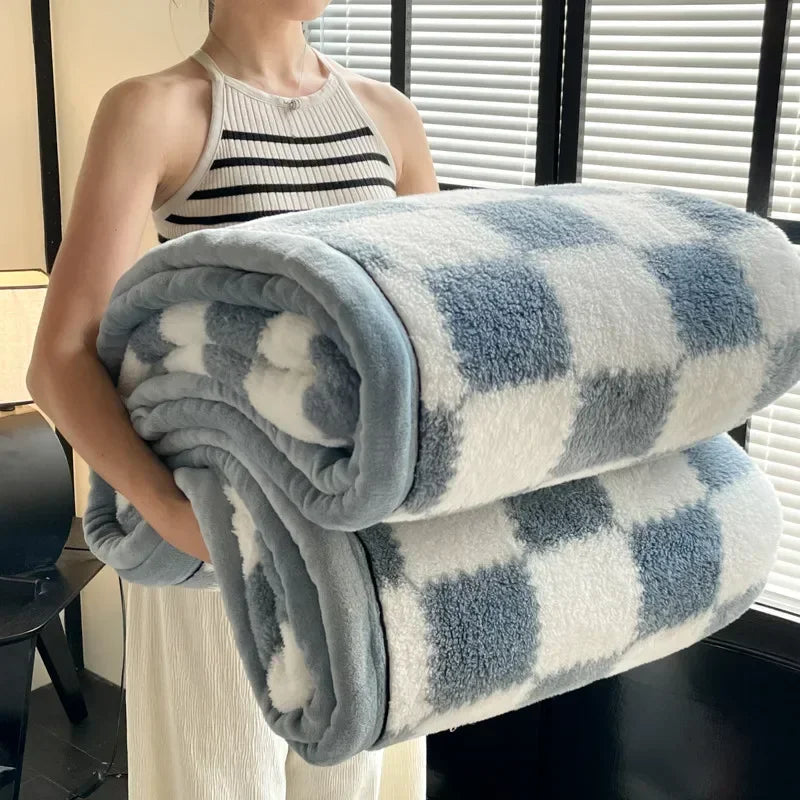 Inverno grosso um grau xadrez coral velo macio quente grosso cobertores de cama de pelúcia sofá cobertor folha de cama material de escritório em casa