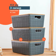 Kit 3 Caixas Organizadoras 4 Litros Cinza C/ Tampa Bambu Oikos