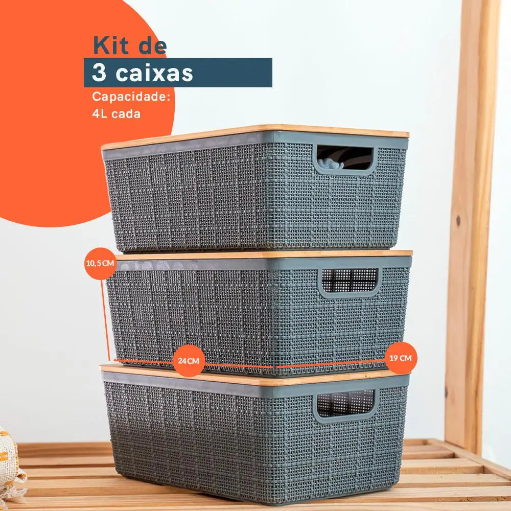 Kit 3 Caixas Organizadoras 4 Litros Cinza C/ Tampa Bambu Oikos