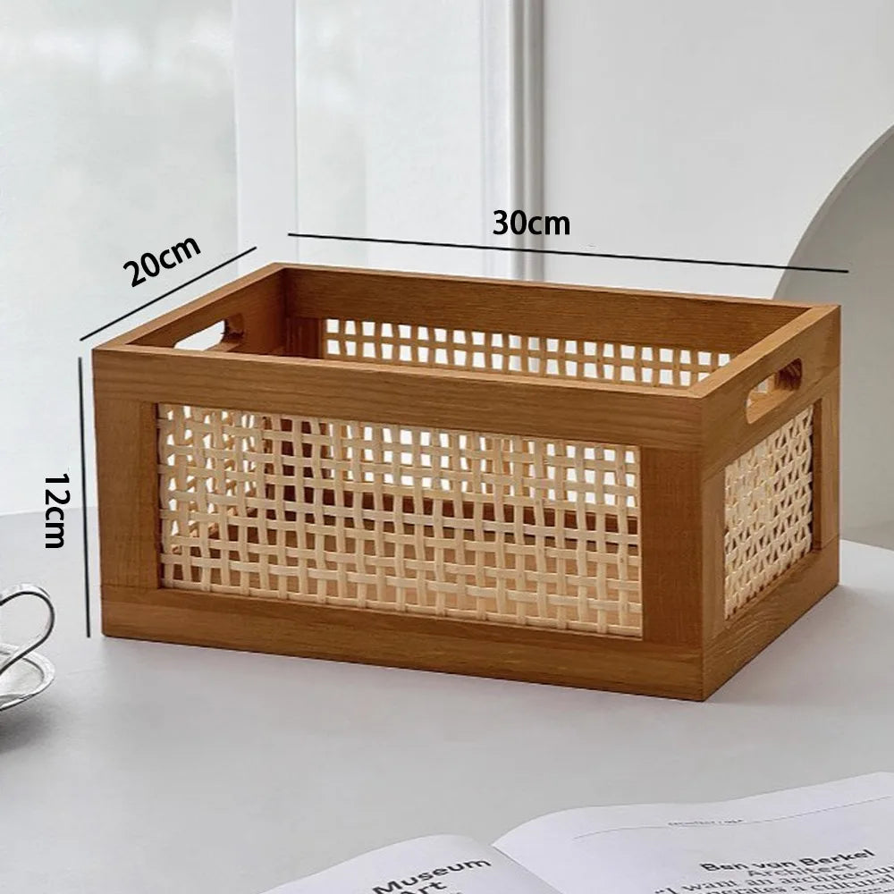 Multifuncional retro rattan caixa de armazenamento de madeira maciça cesta de armazenamento de mesa lanches frutas cosméticos organizador caixas domésticas