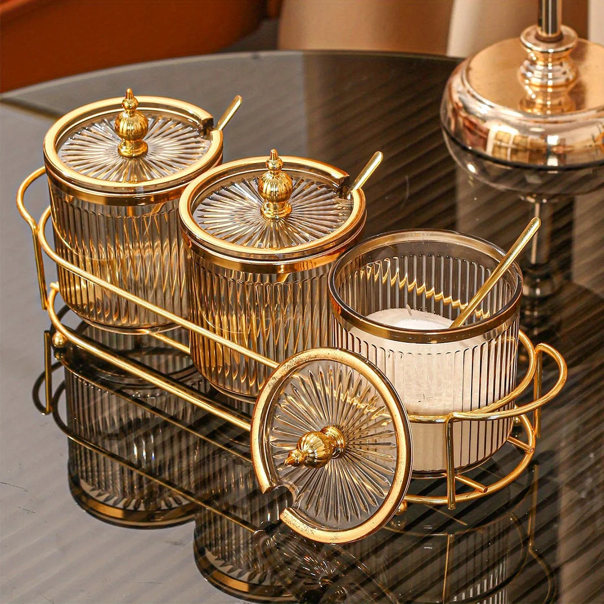 Conjunto Luxo 3 Potes de Temperos com Colher e Rack - Casa Ornato