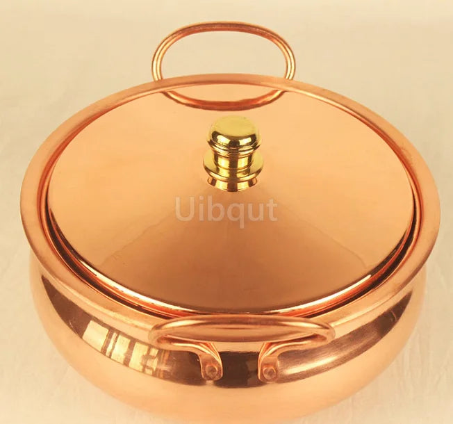 Panela de cobre puro de 18cm/20cm/22cm/24cm, panela binaural artesanal doméstica, compatível com fogões a gás de indução, panelas com tampa