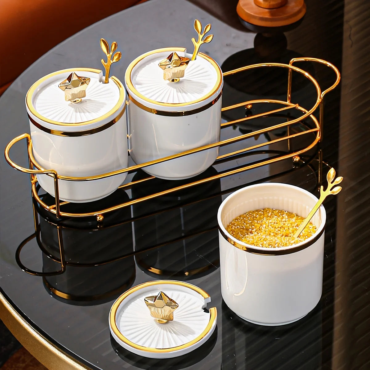 Conjunto Luxo 3 Potes de Temperos com Colher e Rack - Casa Ornato