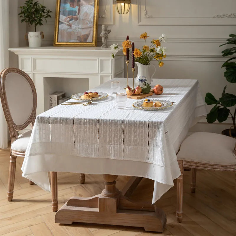 Toalha de mesa de algodão branco francês, renda bordada com babados, toalha de mesa rústica para casa, festa de feriado, natal