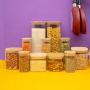 Kit 11 Potes de Vidro com Tampa de Bambu Herméticos - Casa Ornato