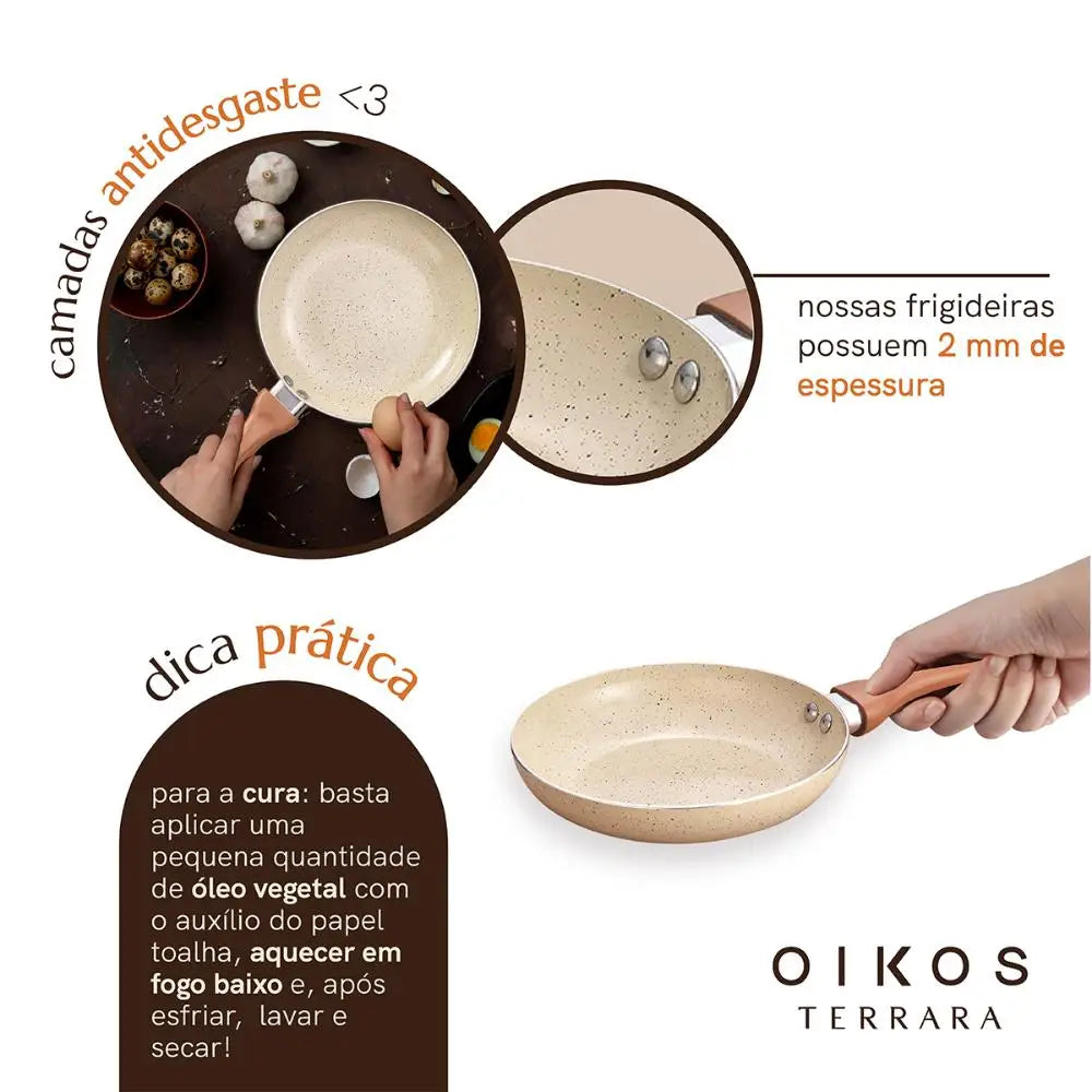 jogo de 3 frigideiras antiaderentes ceramica com aluminio bege terrara - Oikos