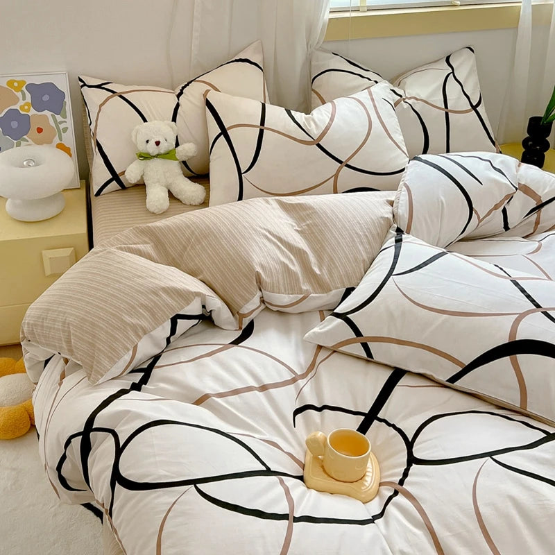 Conjunto de capa de edredom com padrão de linhas abstratas, conjunto de cama geométrica moderna, 100% algodão, capa de edredom amigável à pele com 2 fronhas